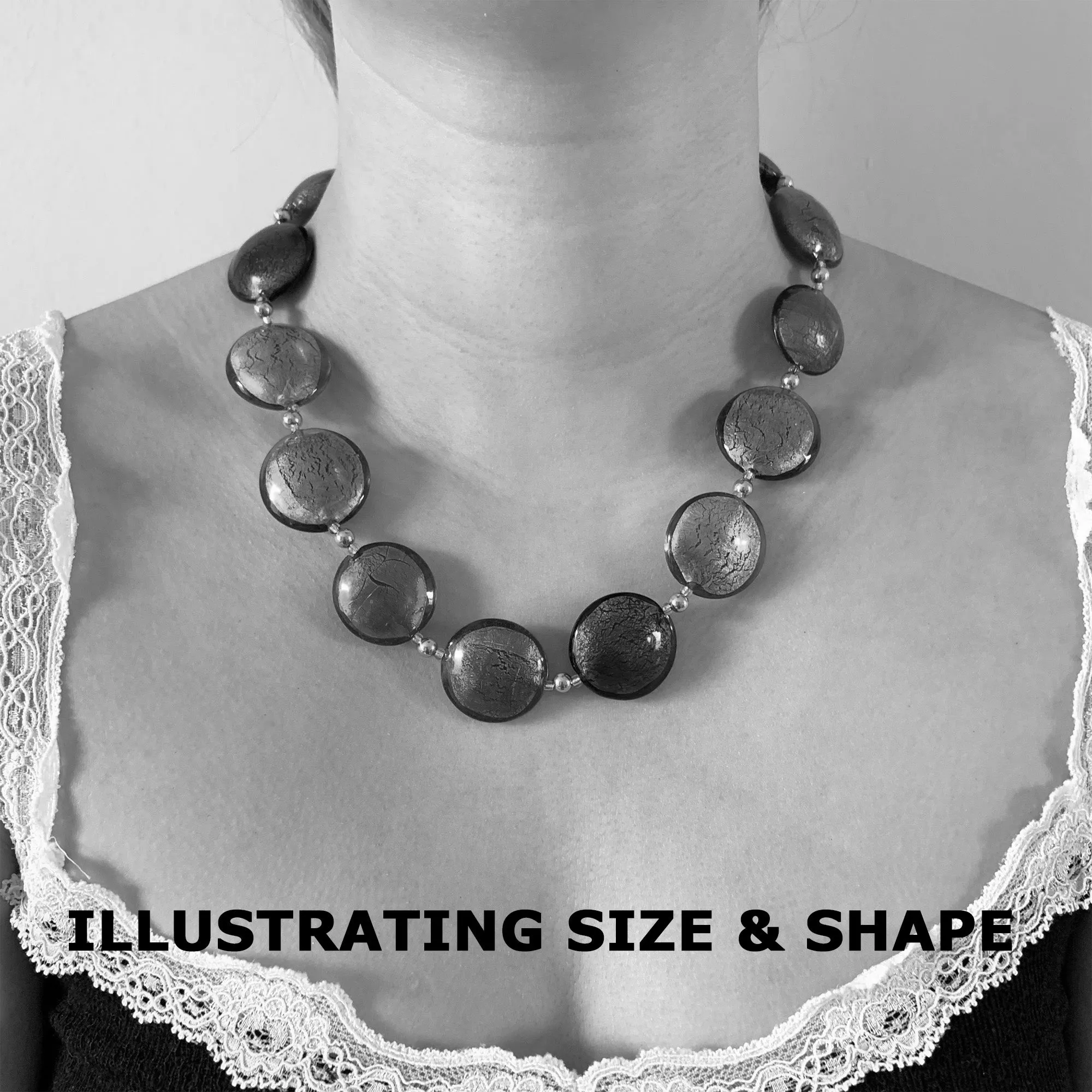 Necklace with multicolours, black and gold Murano glass large lentil beads on gold