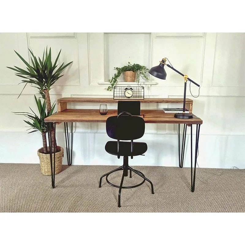 NORÉN: Rustic Desk with Monitor Shelf and Hairpin/Trapezium Legs