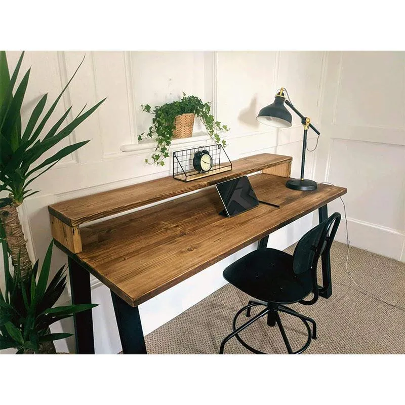 NORÉN: Rustic Desk with Monitor Shelf and Hairpin/Trapezium Legs