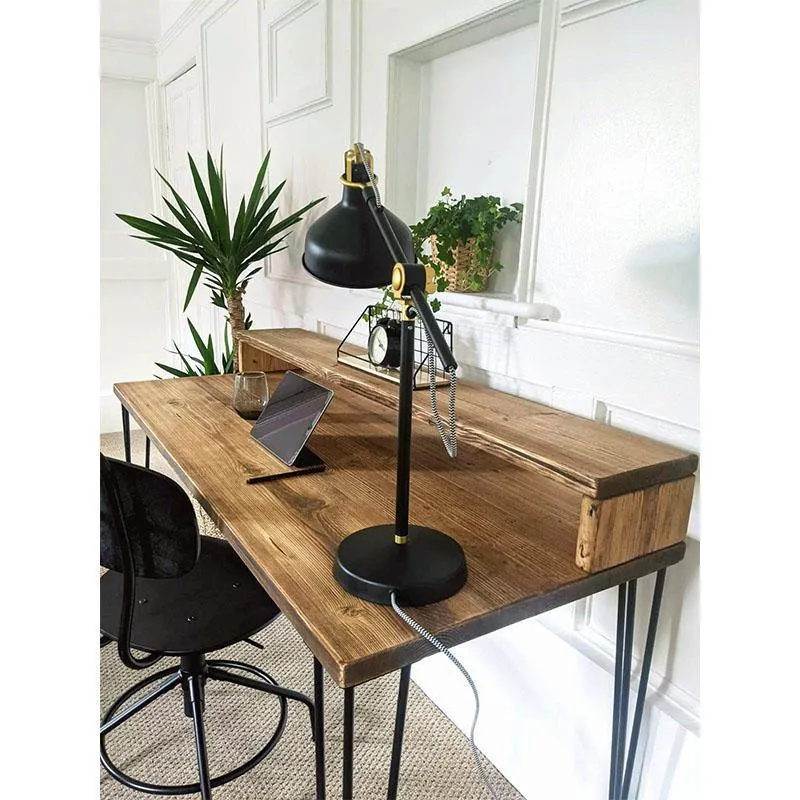 NORÉN: Rustic Desk with Monitor Shelf and Hairpin/Trapezium Legs