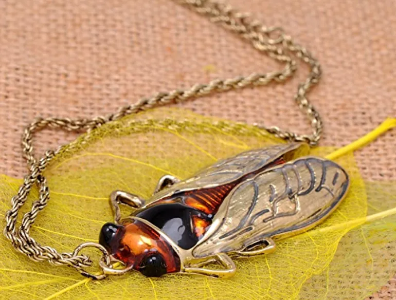 Orange Amber Antique Style Beetle Bug Necklace Fly Vintage Cicada Beatle Pendant Beetle Jewelry Birthday Gift Chain 20in.