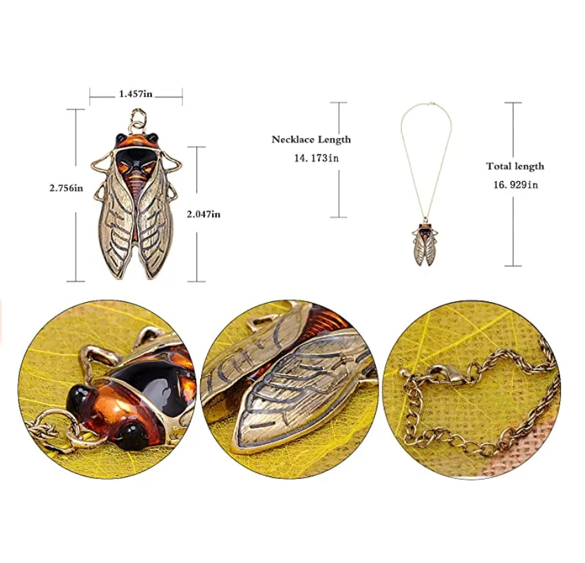 Orange Amber Antique Style Beetle Bug Necklace Fly Vintage Cicada Beatle Pendant Beetle Jewelry Birthday Gift Chain 20in.