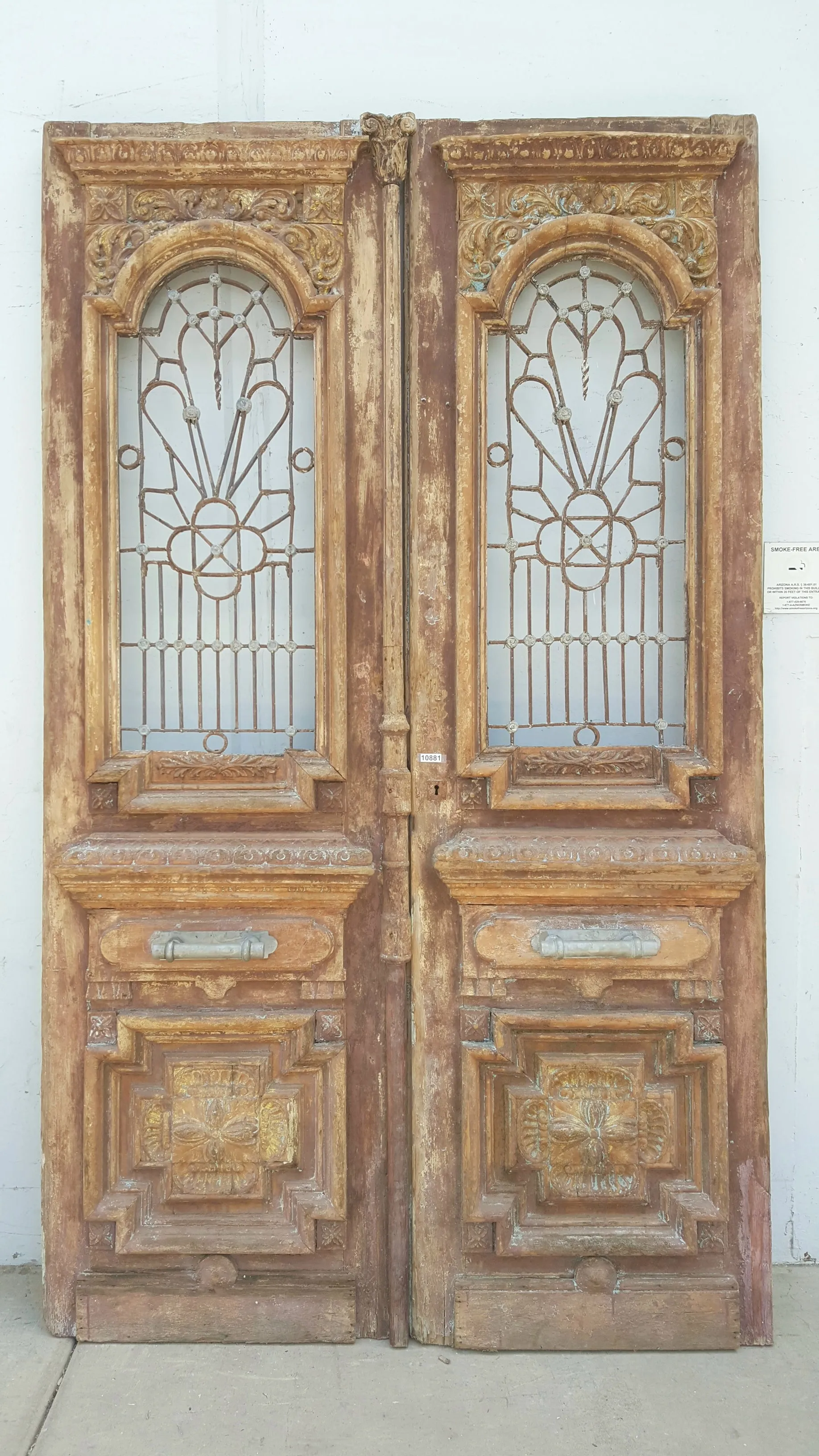 Pair of Ornate Wood Antique Carved Doors with Iron Inserts (no glass)