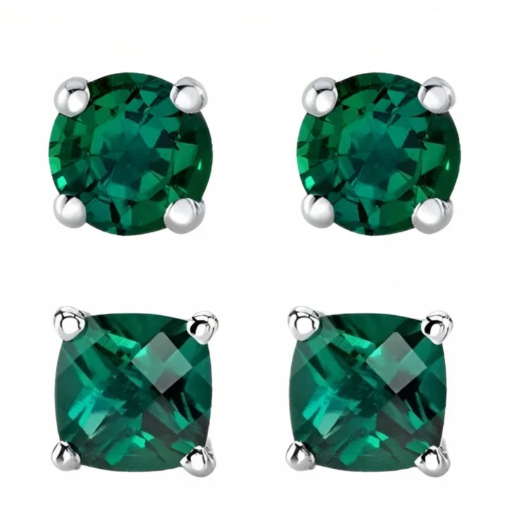 Paris Jewelry 18k White Gold 2 Pair Created Emerald 6mm Round & Princess Cut Stud Earrings Plated