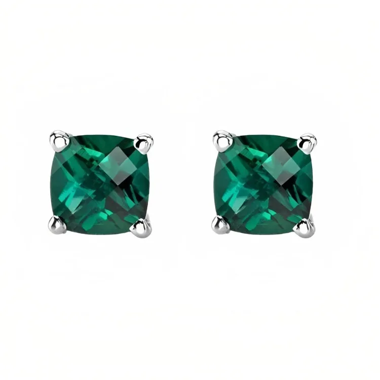 Paris Jewelry 18k White Gold 2 Pair Created Emerald 6mm Round & Princess Cut Stud Earrings Plated