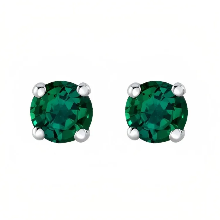 Paris Jewelry 18k White Gold 2 Pair Created Emerald 6mm Round & Princess Cut Stud Earrings Plated
