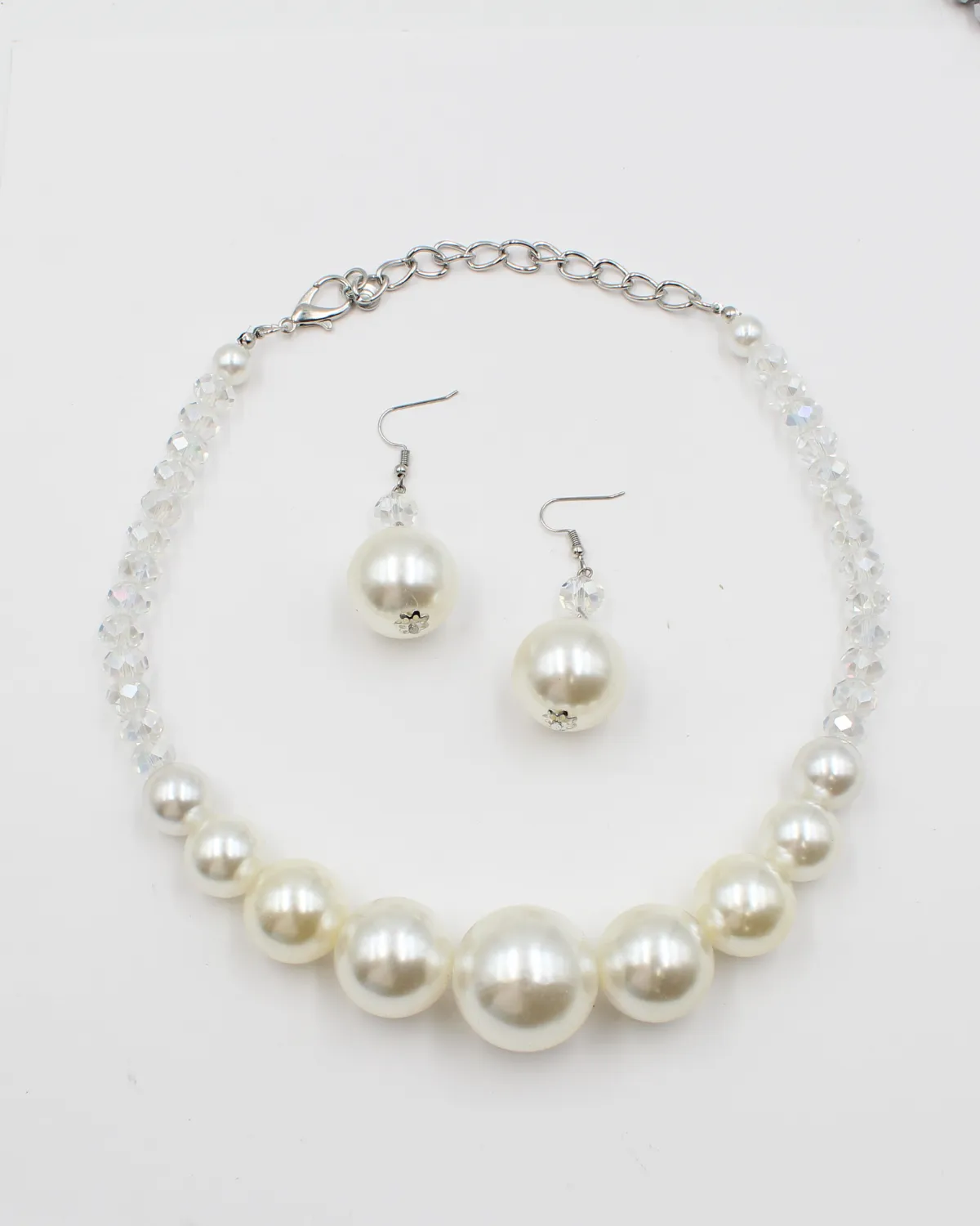 Pearl Necklace & Earring Silver Set with Clear Jewels