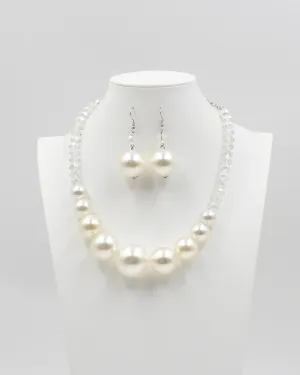 Pearl Necklace & Earring Silver Set with Clear Jewels