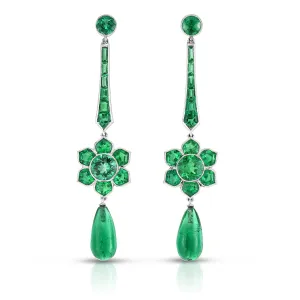 Platinum Emerald Flower Drop Earrings