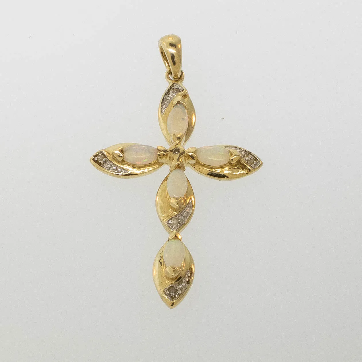 Preowned 14K Yellow Gold Cross Pendant with Marquise Opals & Diamonds