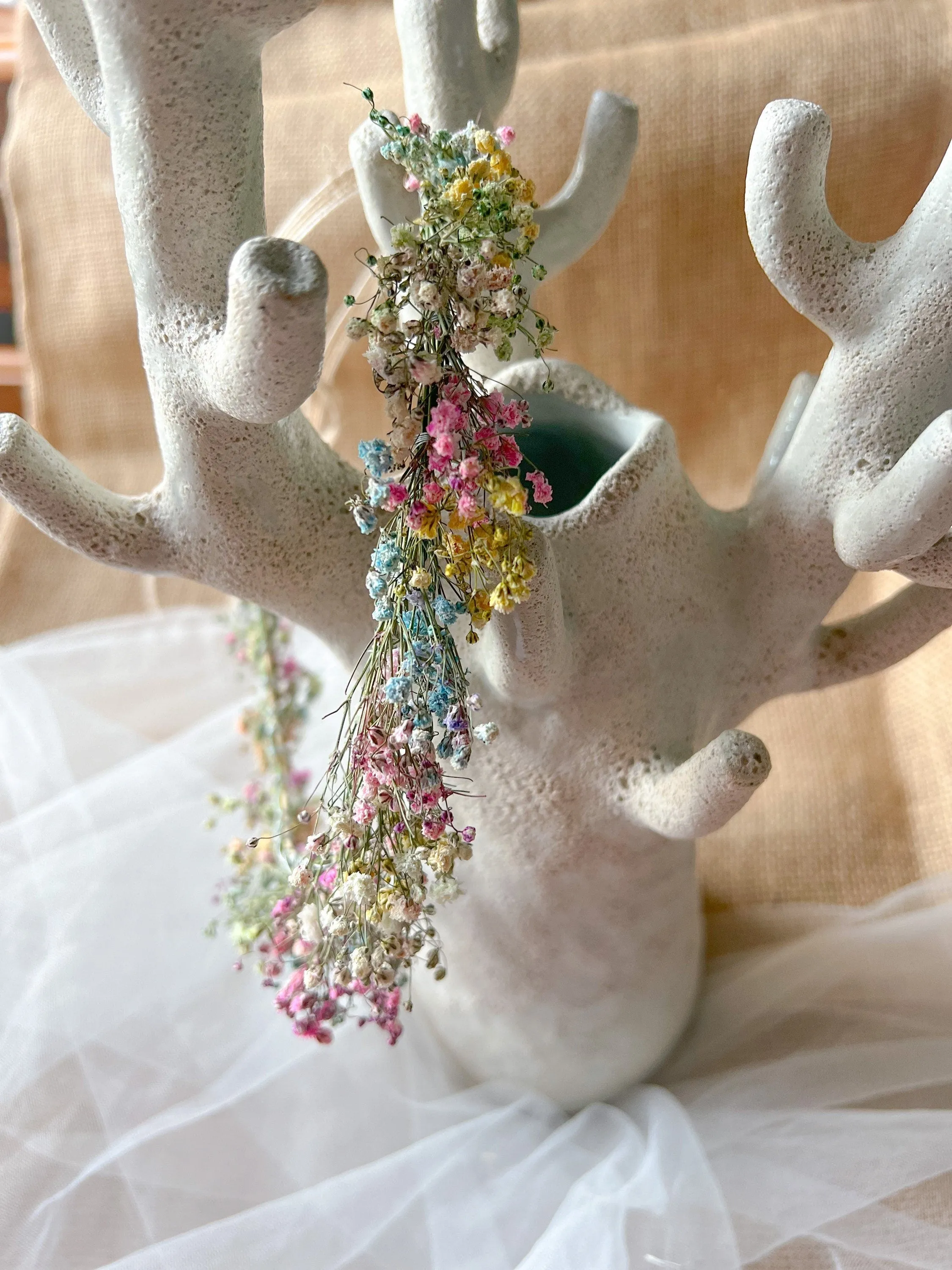 Rainbow Flower Wreath, Colourful Babys Breath Flower Girl Halo Crown Gypsophila, Dried Real Flower Hair Accessories, Floral Hair Piece