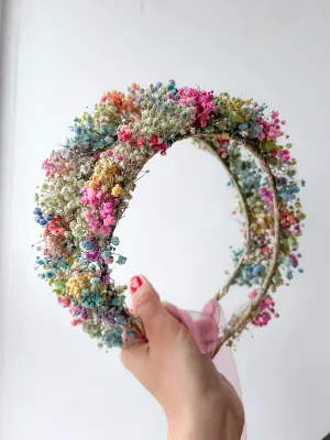 Rainbow Flower Wreath, Colourful Babys Breath Flower Girl Halo Crown Gypsophila, Dried Real Flower Hair Accessories, Floral Hair Piece
