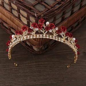 Red Rose Woodland gold Tiara Crown crystal Princess Queen smaller demure headdress diadem