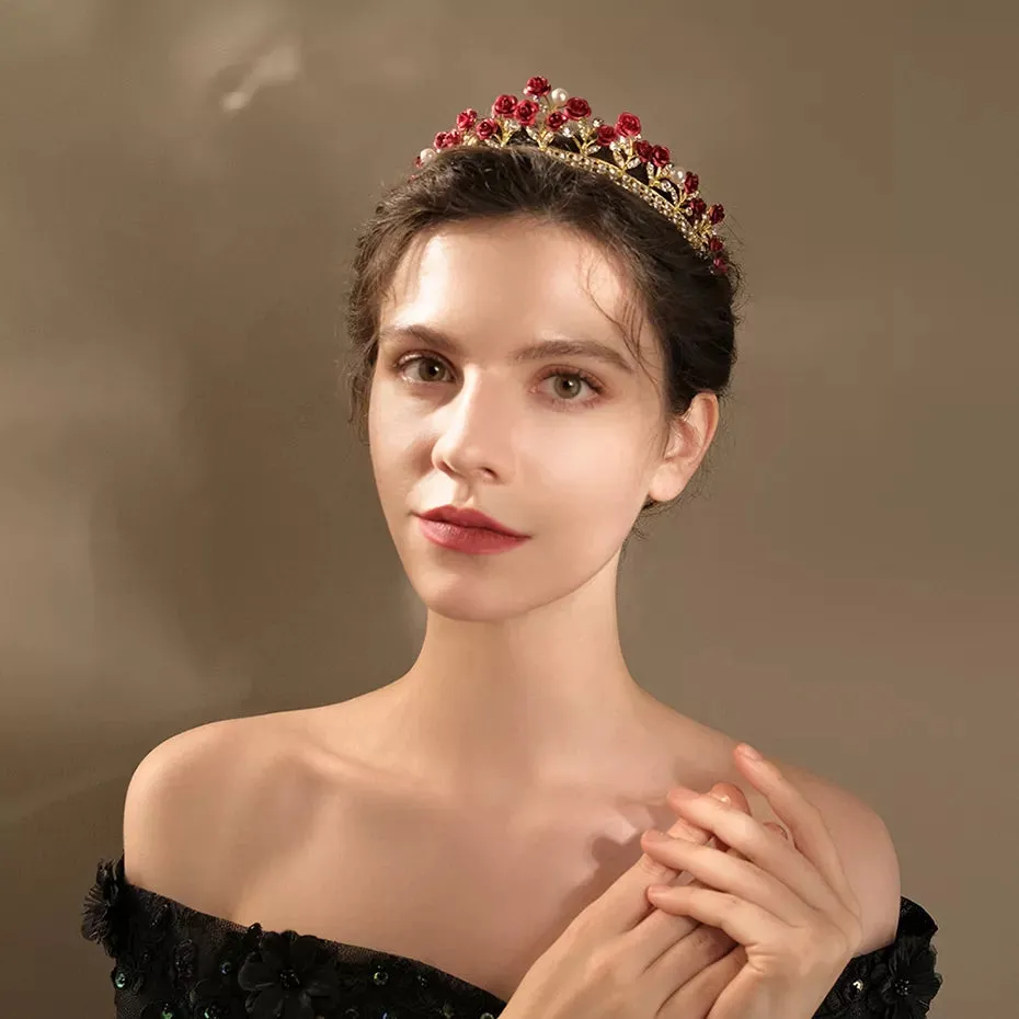 Red Rose Woodland gold Tiara Crown crystal Princess Queen smaller demure headdress diadem