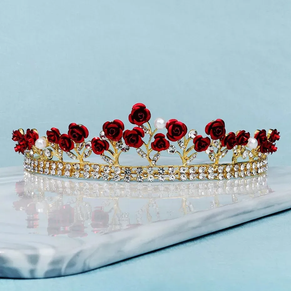 Red Rose Woodland gold Tiara Crown crystal Princess Queen smaller demure headdress diadem