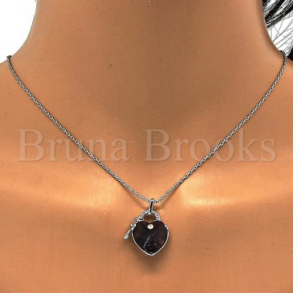 Rhodium Plated 04.239.0015.1.16 Fancy Necklace, Heart and key Design, with Amethyst Swarovski Crystals and White Micro Pave, Polished Finish, Rhodium Tone