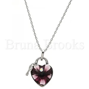 Rhodium Plated 04.239.0015.1.16 Fancy Necklace, Heart and key Design, with Amethyst Swarovski Crystals and White Micro Pave, Polished Finish, Rhodium Tone