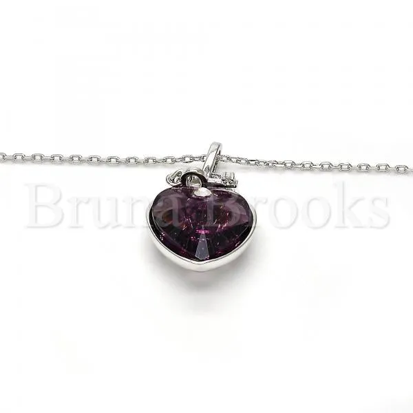Rhodium Plated 04.239.0015.1.16 Fancy Necklace, Heart and key Design, with Amethyst Swarovski Crystals and White Micro Pave, Polished Finish, Rhodium Tone