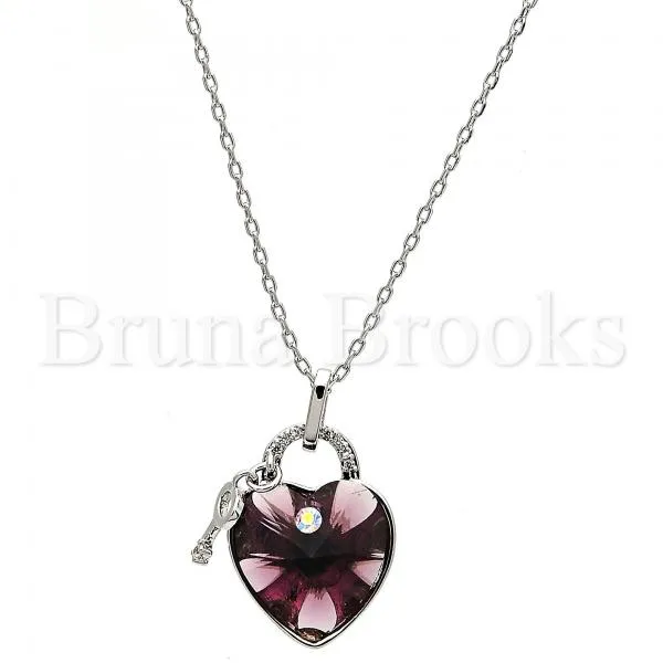 Rhodium Plated 04.239.0015.1.16 Fancy Necklace, Heart and key Design, with Amethyst Swarovski Crystals and White Micro Pave, Polished Finish, Rhodium Tone