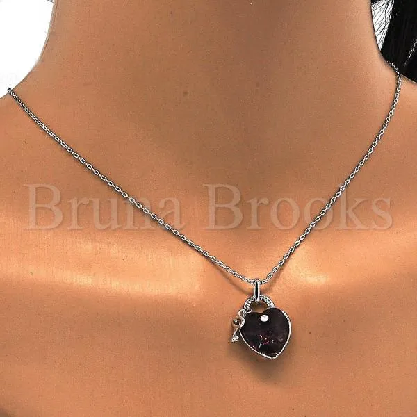 Rhodium Plated 04.239.0015.1.16 Fancy Necklace, Heart and key Design, with Amethyst Swarovski Crystals and White Micro Pave, Polished Finish, Rhodium Tone