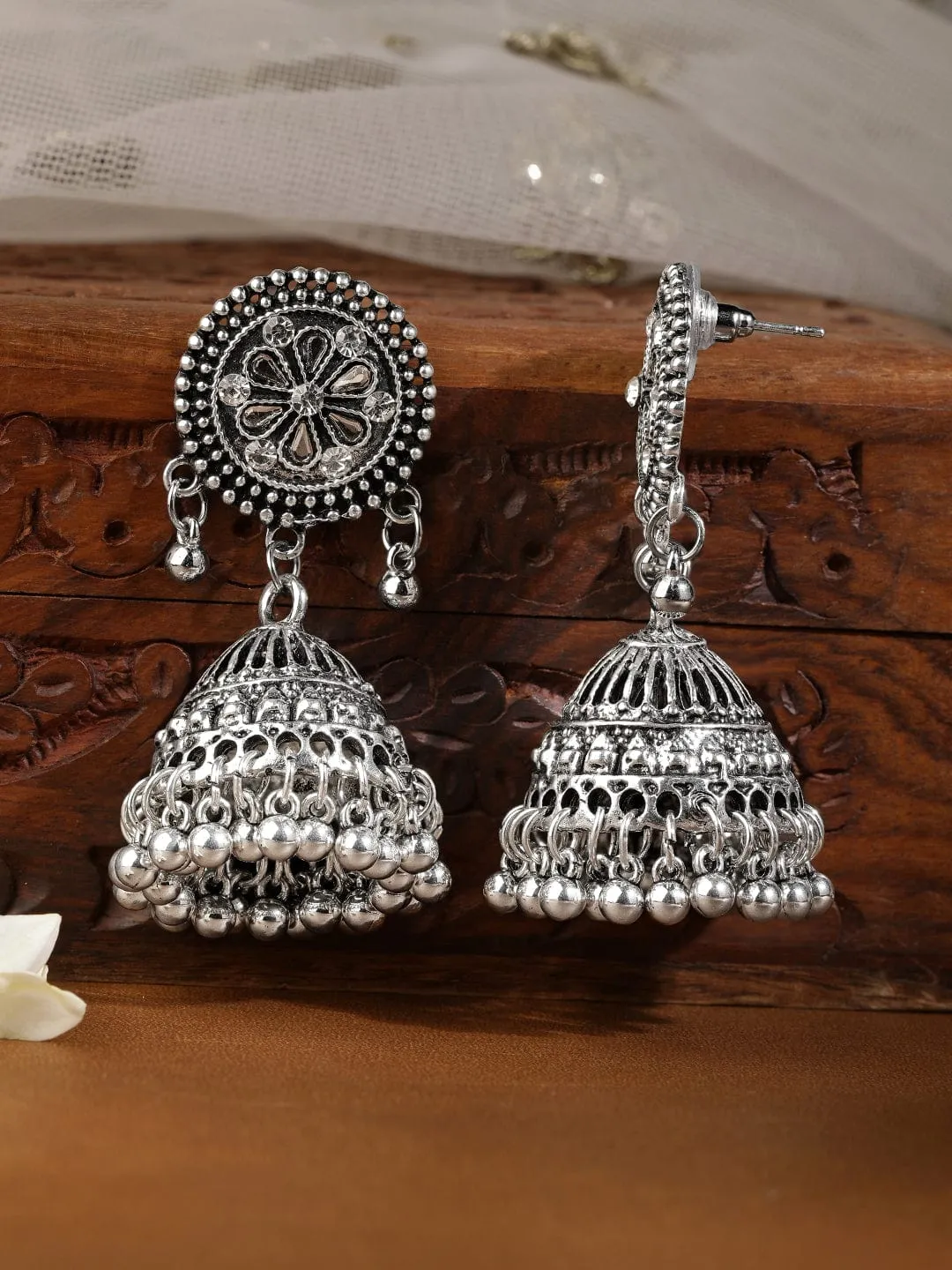 Rhodium Plated Ghungroo Jhumka Earrings