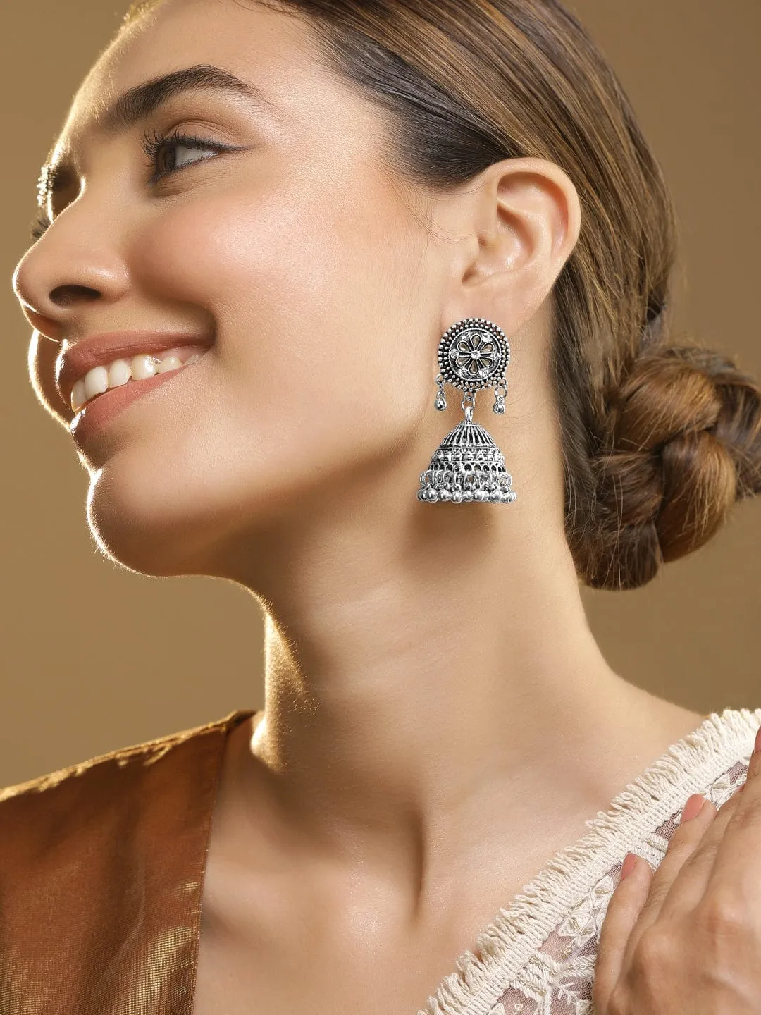 Rhodium Plated Ghungroo Jhumka Earrings