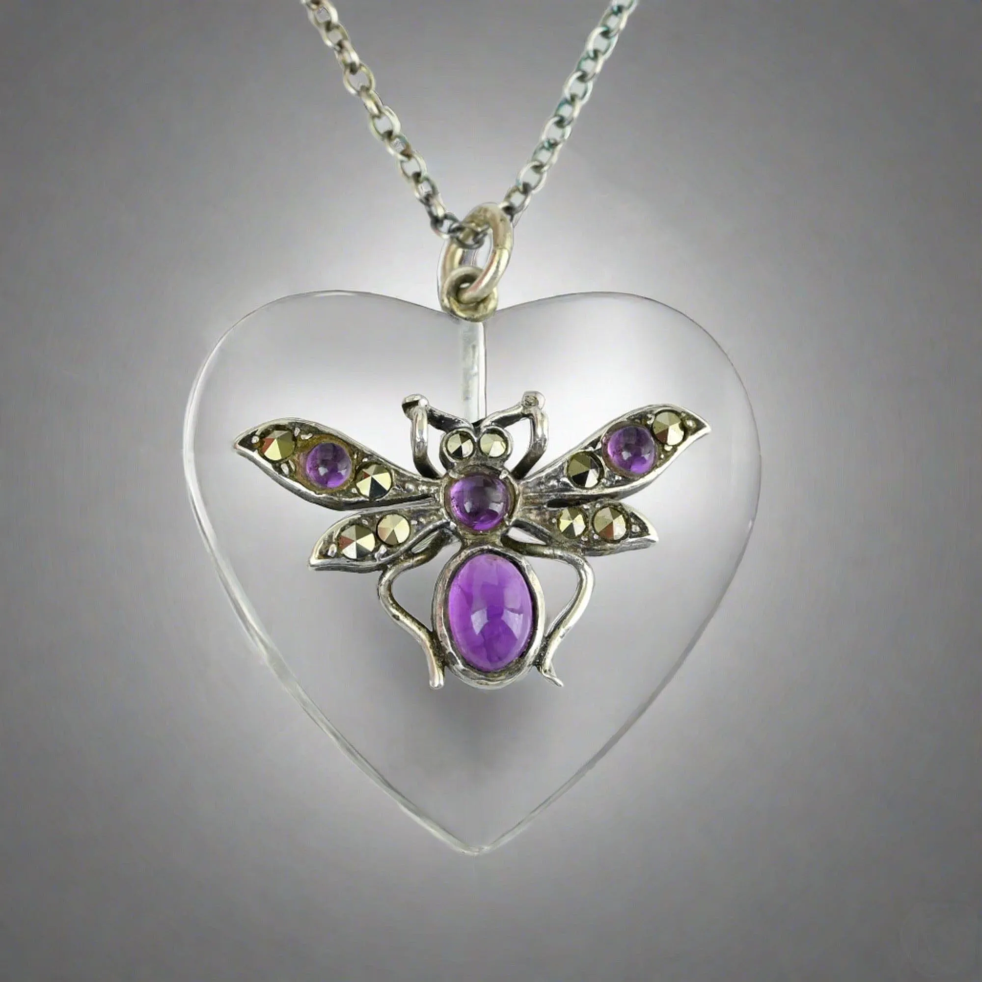 Rock Crystal Quartz Heart Amethyst Insect Pendant Necklace
