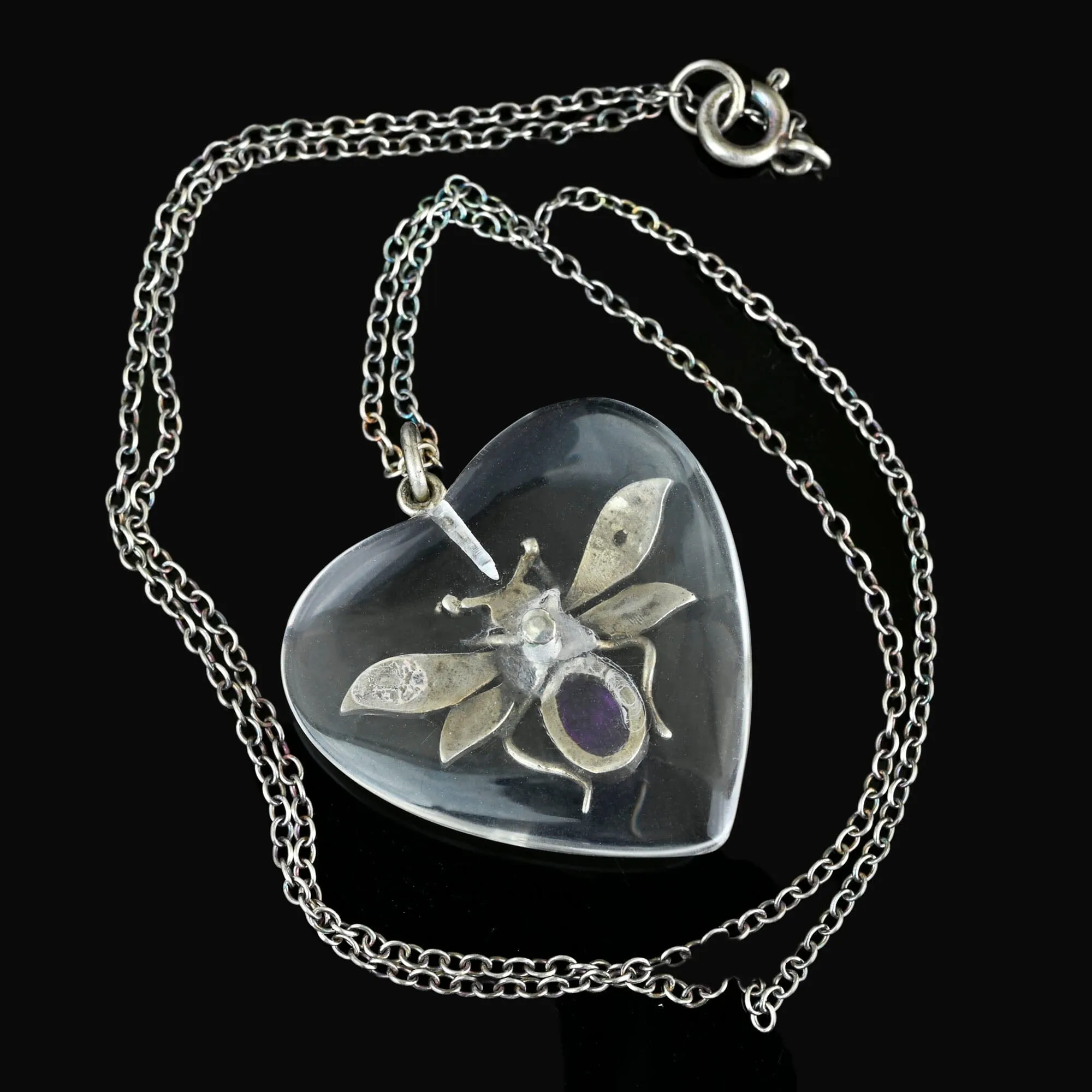 Rock Crystal Quartz Heart Amethyst Insect Pendant Necklace