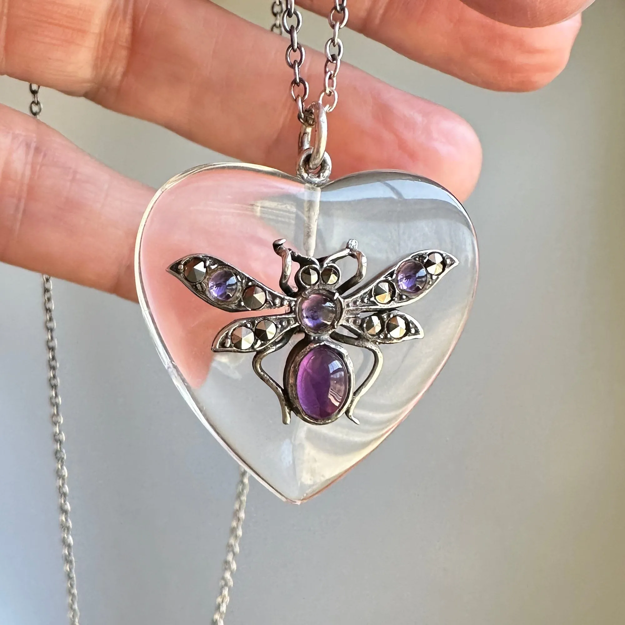 Rock Crystal Quartz Heart Amethyst Insect Pendant Necklace