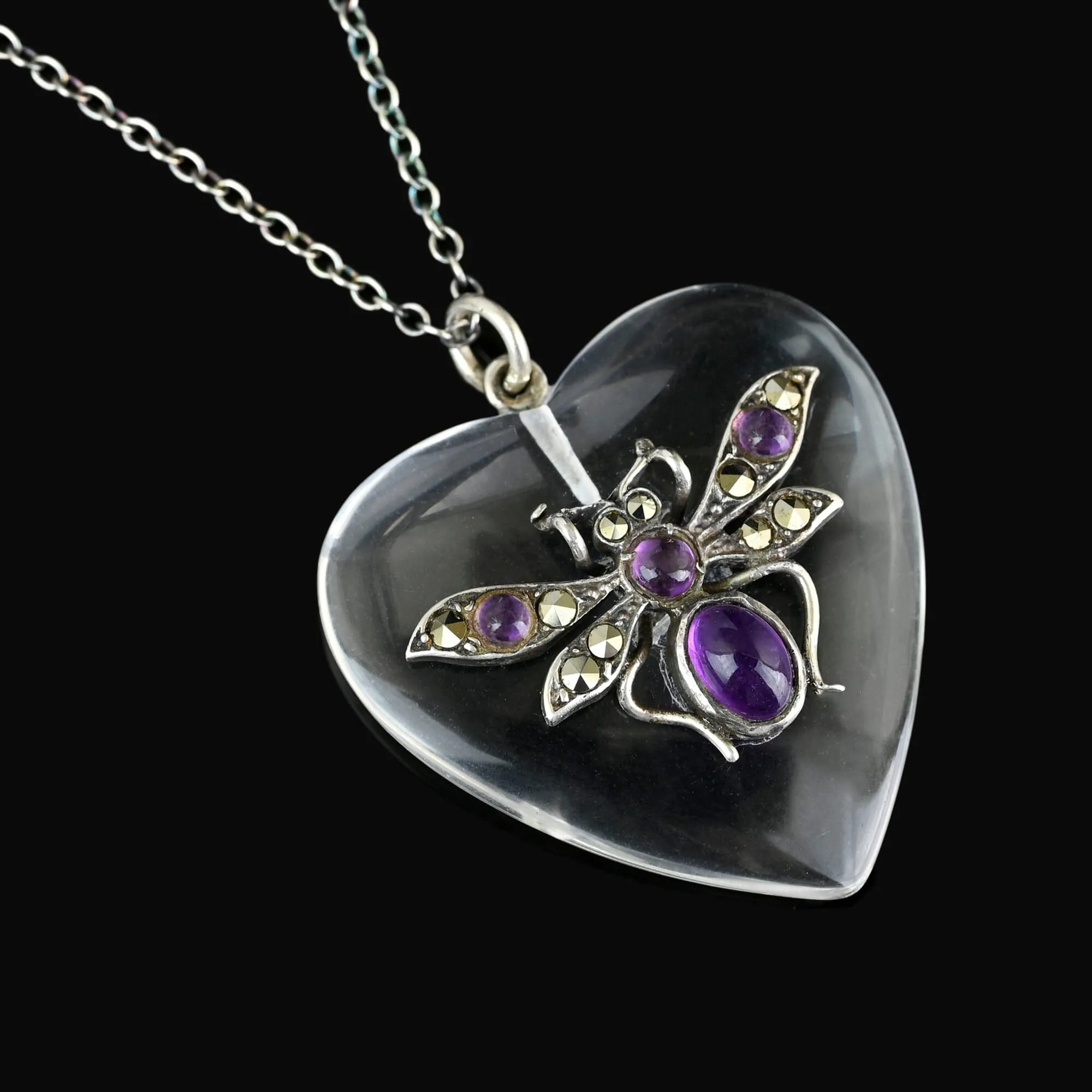 Rock Crystal Quartz Heart Amethyst Insect Pendant Necklace