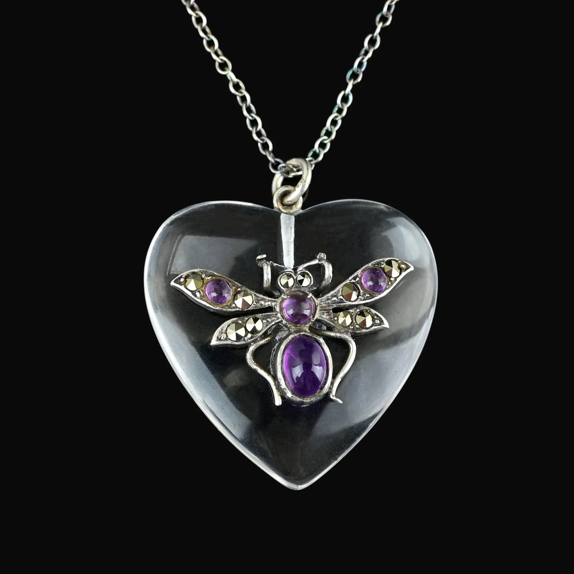 Rock Crystal Quartz Heart Amethyst Insect Pendant Necklace