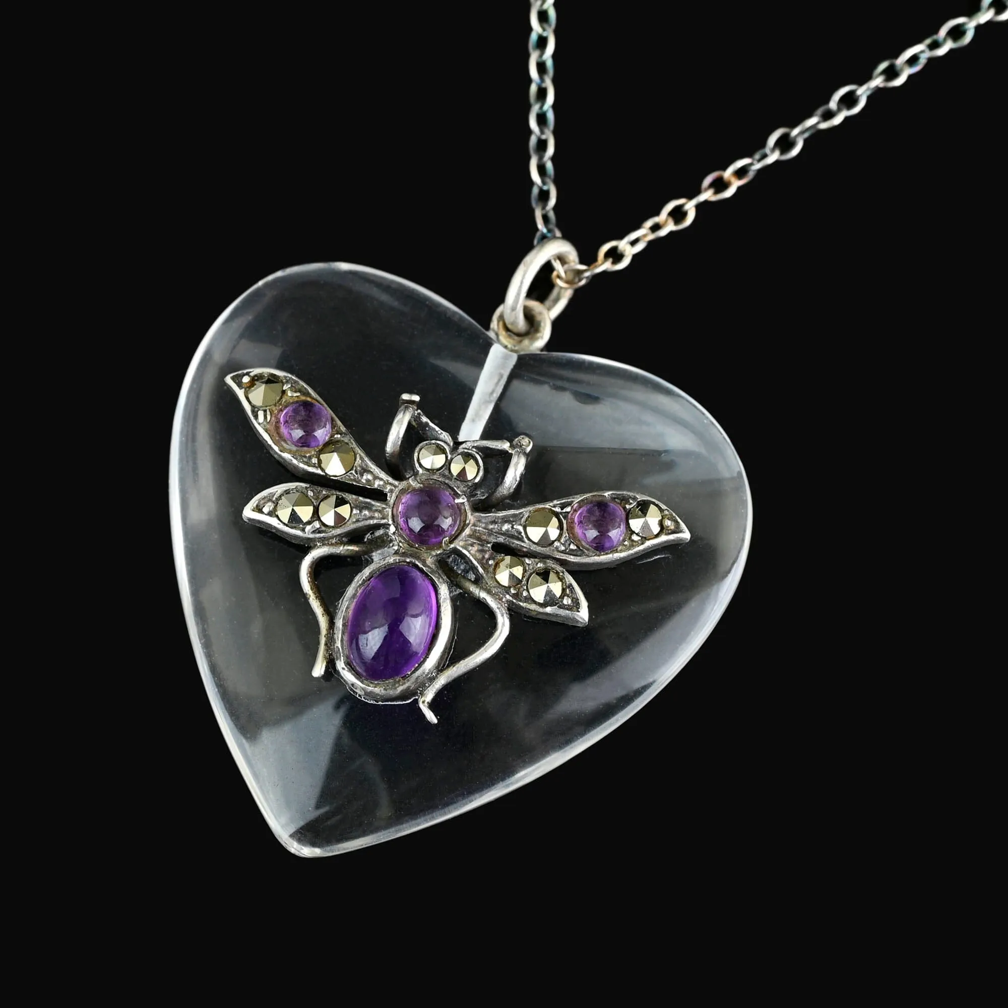 Rock Crystal Quartz Heart Amethyst Insect Pendant Necklace