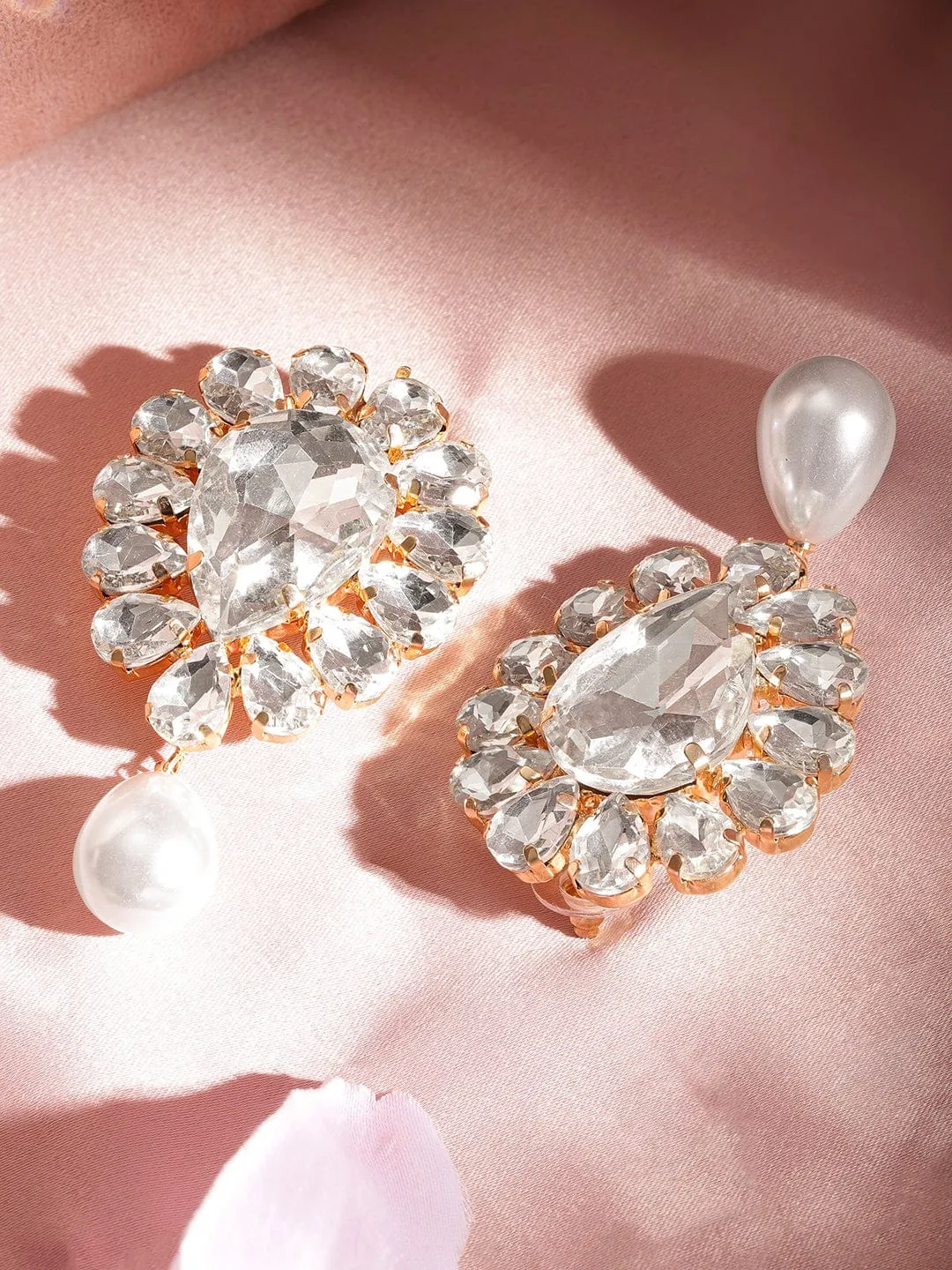 Rubans Gold Plated AAA Zirconia Embellished Tear Shaped Dangle Earring with Pearl Drops