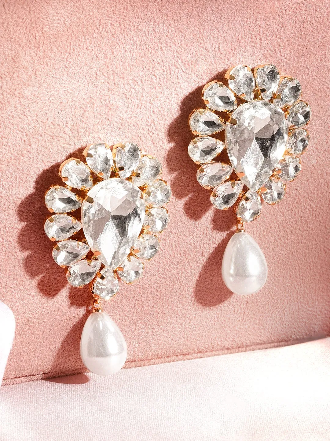 Rubans Gold Plated AAA Zirconia Embellished Tear Shaped Dangle Earring with Pearl Drops