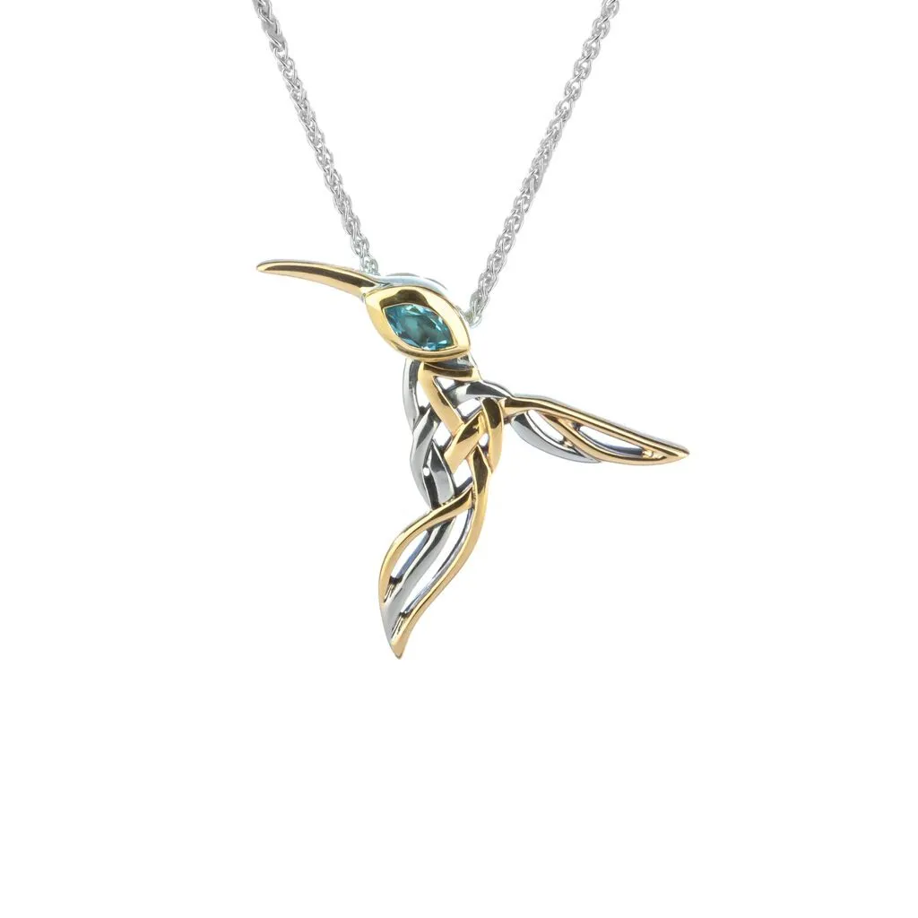 Silver and 10k Gold Hummingbird Pendant-Amethyst/Blue Topaz/White Cubic Zirconia/Rhodolite
