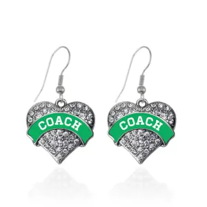 Silver Coach - Emerald Green and White Pave Heart Charm Dangle Earrings