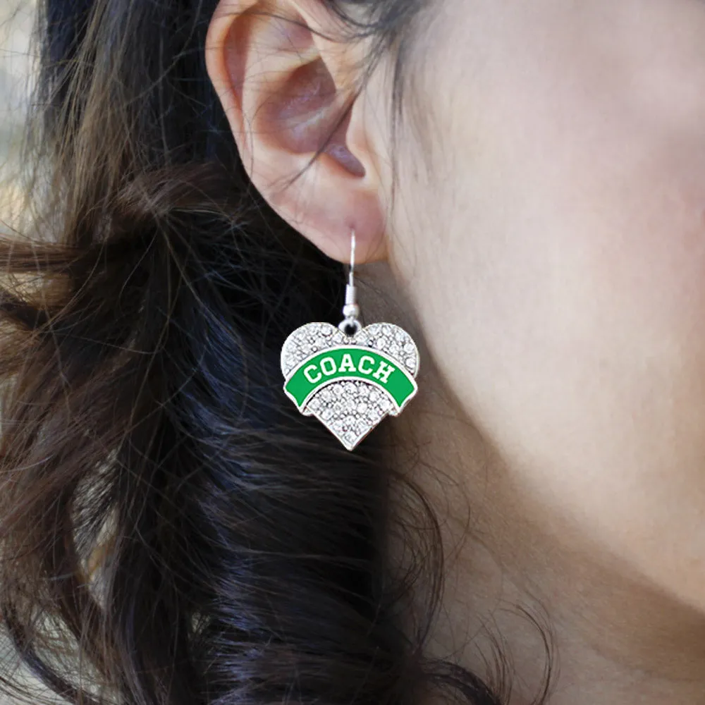 Silver Coach - Emerald Green and White Pave Heart Charm Dangle Earrings