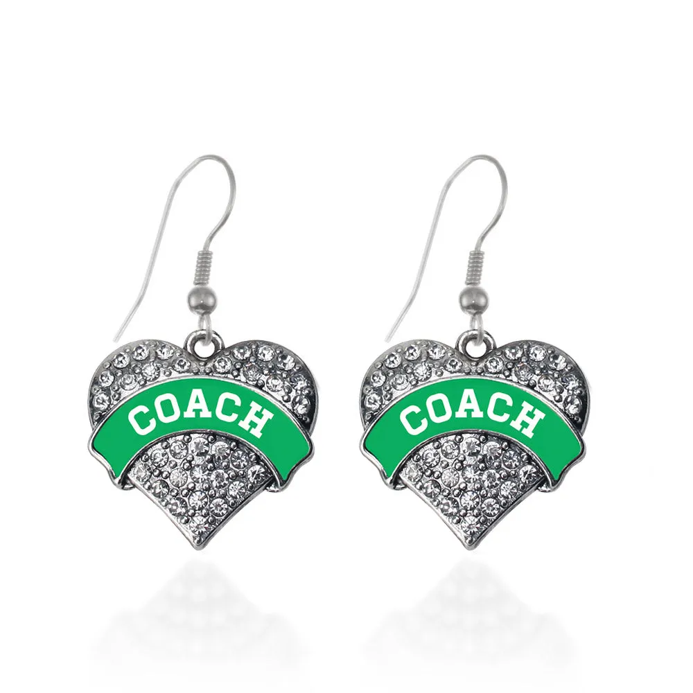 Silver Coach - Emerald Green and White Pave Heart Charm Dangle Earrings