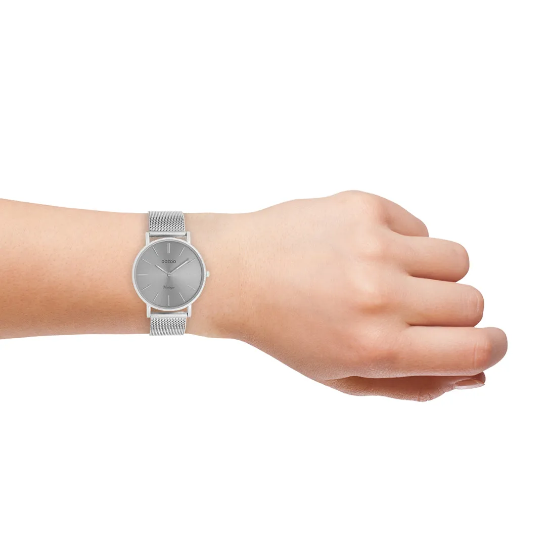 Silver coloured OOZOO watch with silver coloured metal mesh bracelet - C9938