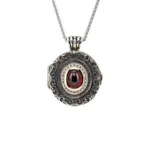 Silver with 10k Gold Filigree Shield Locket - Garnet