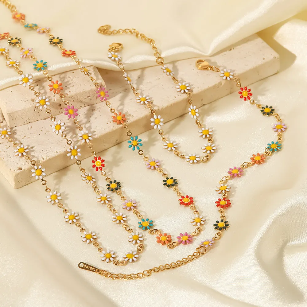 SISSLIA 2024 Cross-Border New Titanium Steel 18K Gold White/Color Small Daisy Chain Necklace for Women