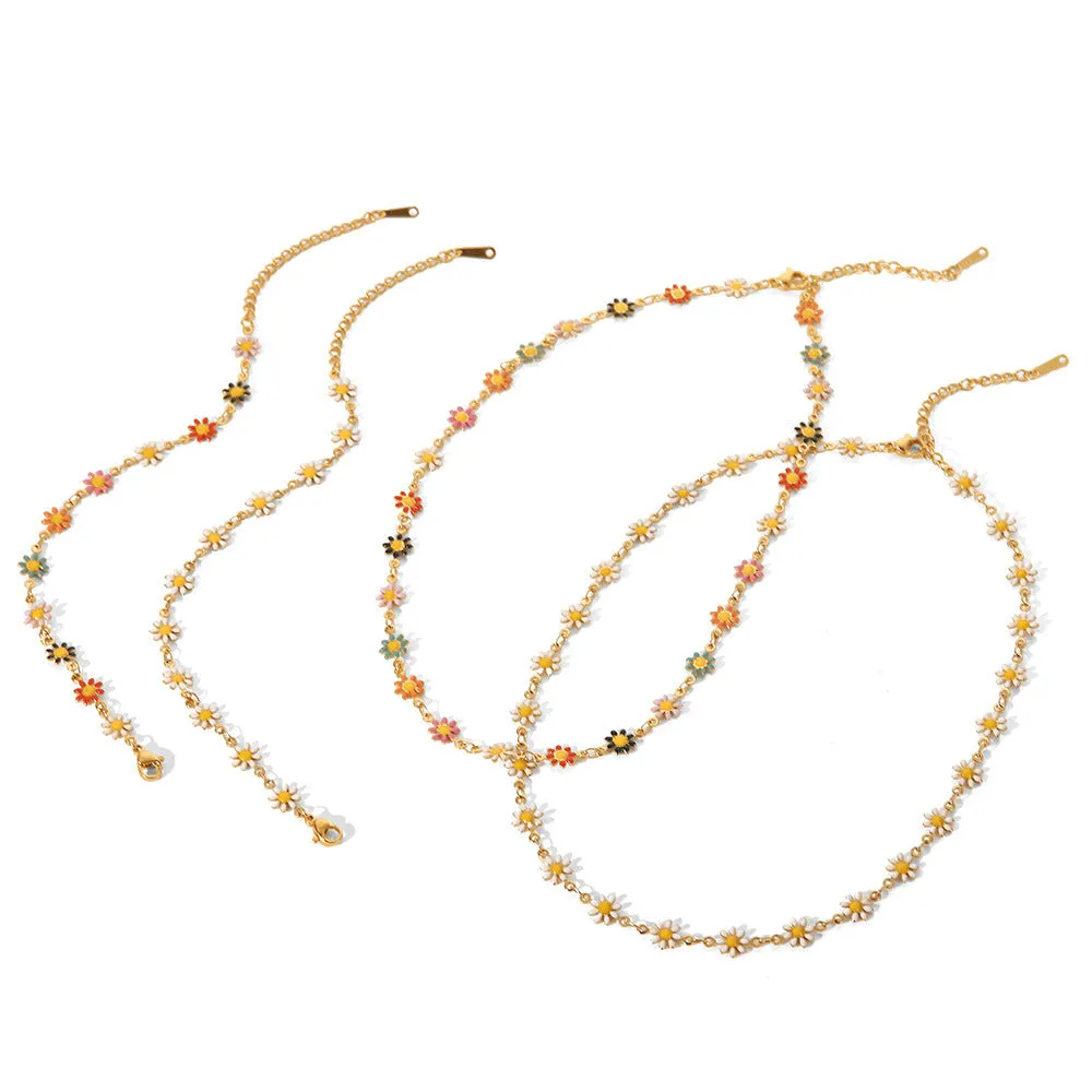 SISSLIA 2024 Cross-Border New Titanium Steel 18K Gold White/Color Small Daisy Chain Necklace for Women