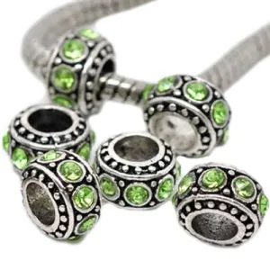 Six (6) Peridot Birthstone Light Green European Bead Compatible for Most European Snake Chain Charm Bracelet