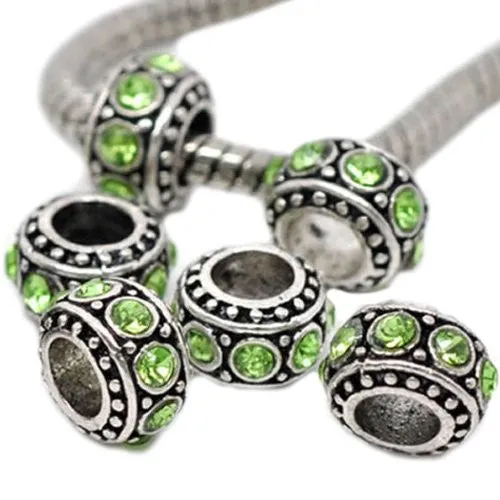 Six (6) Peridot Birthstone Light Green European Bead Compatible for Most European Snake Chain Charm Bracelet