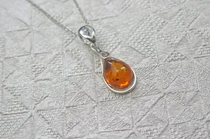 Solid 925 Sterling Silver Real Genuine Cognac Amber Teardrop Pendant Necklace
