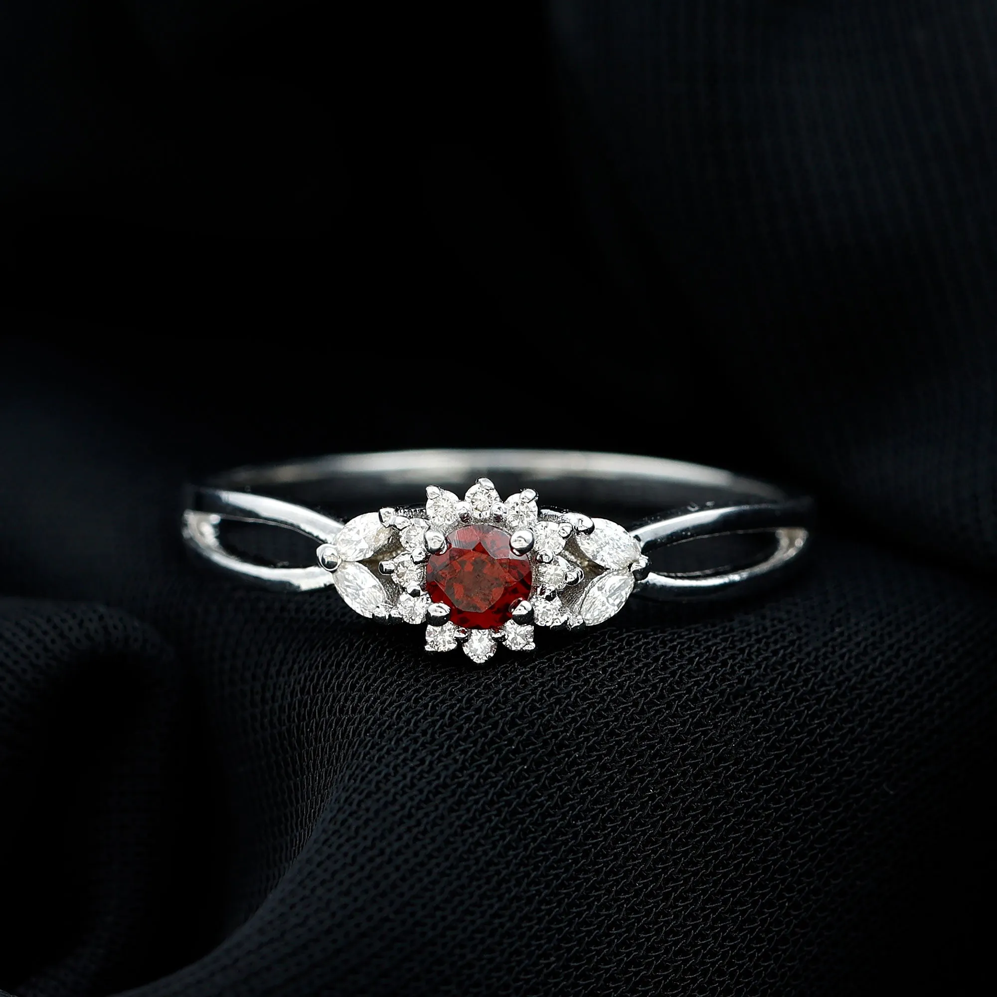 Split Shank Garnet Flower Engagement Ring with Diamond