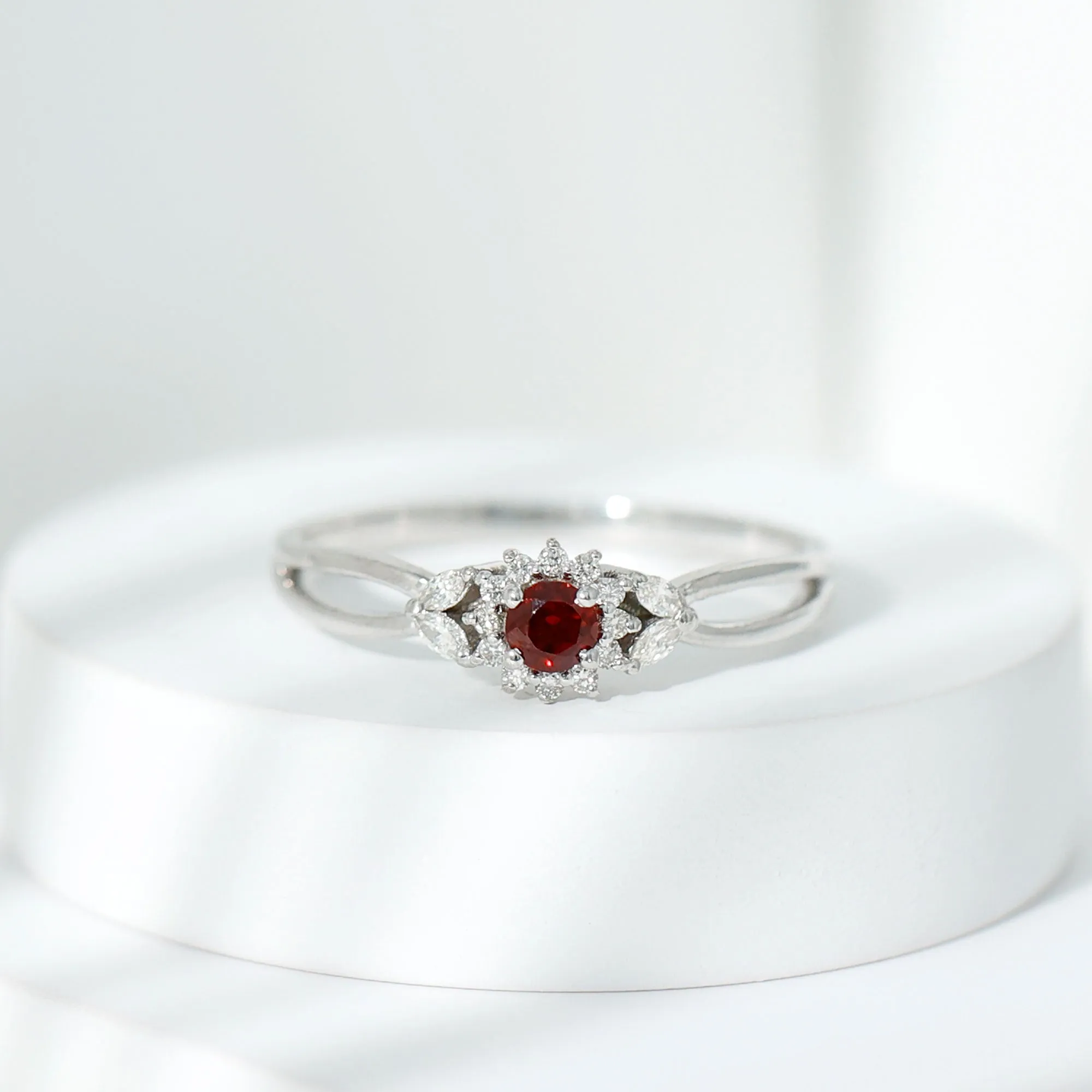 Split Shank Garnet Flower Engagement Ring with Diamond
