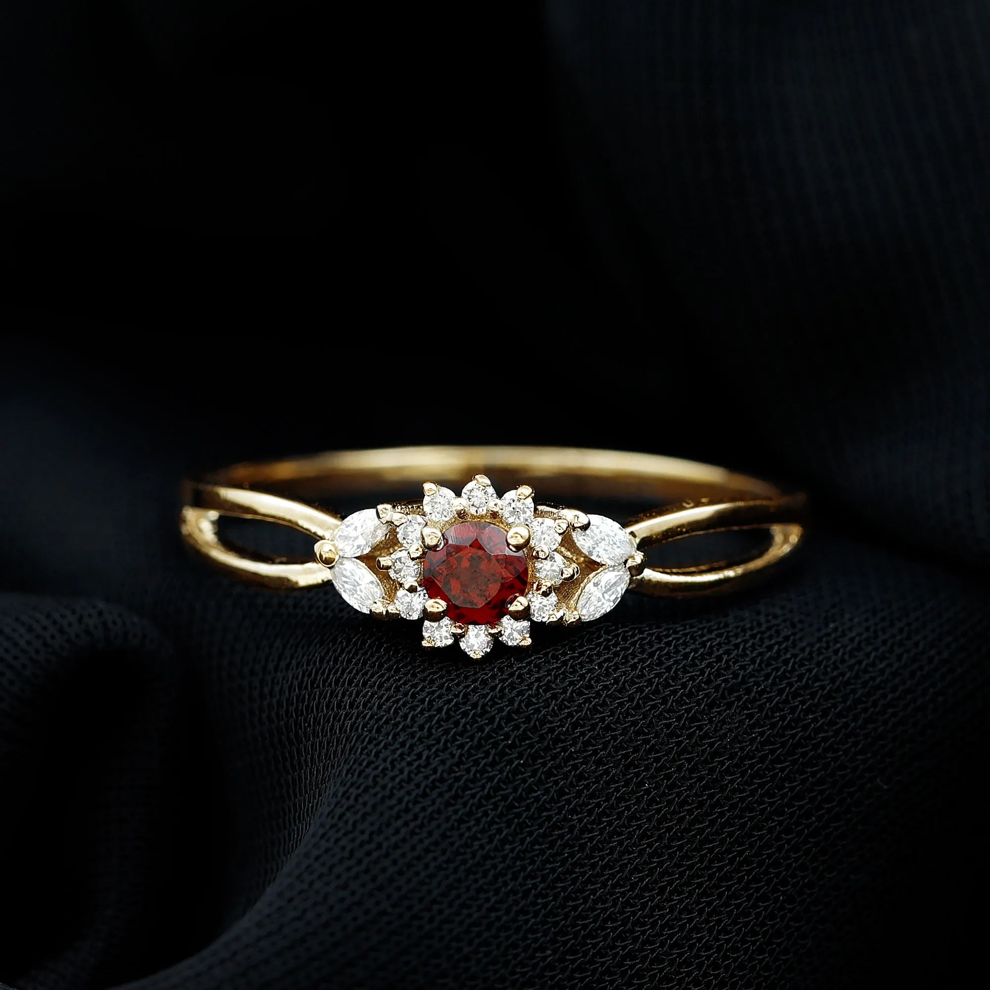 Split Shank Garnet Flower Engagement Ring with Diamond