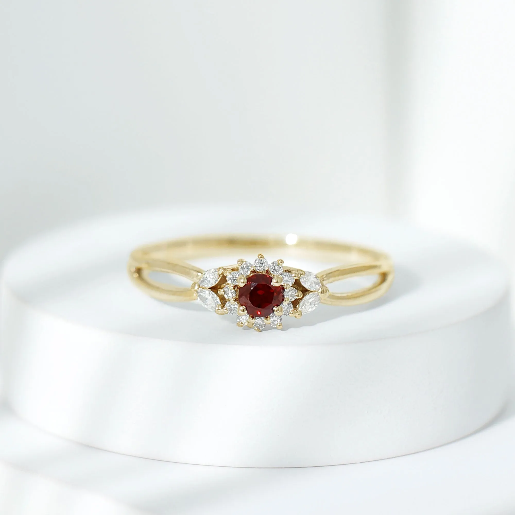 Split Shank Garnet Flower Engagement Ring with Diamond