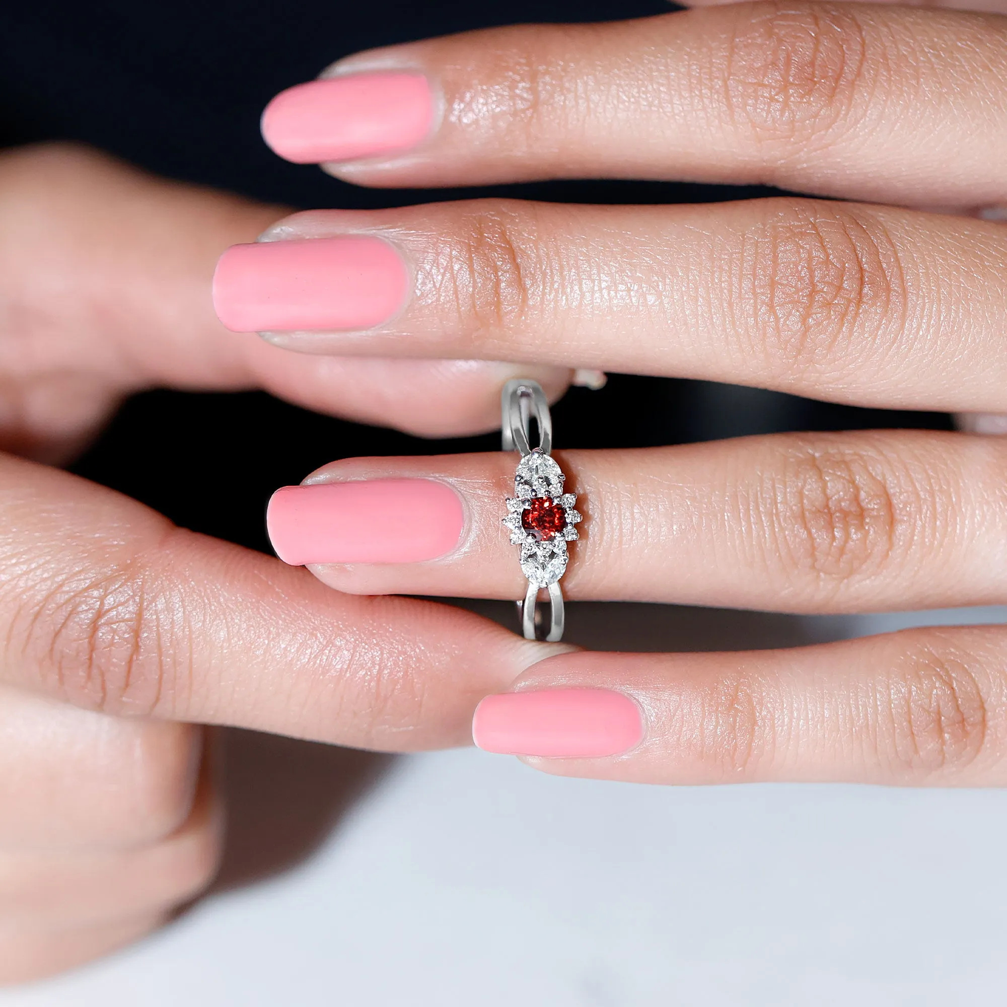 Split Shank Garnet Flower Engagement Ring with Diamond